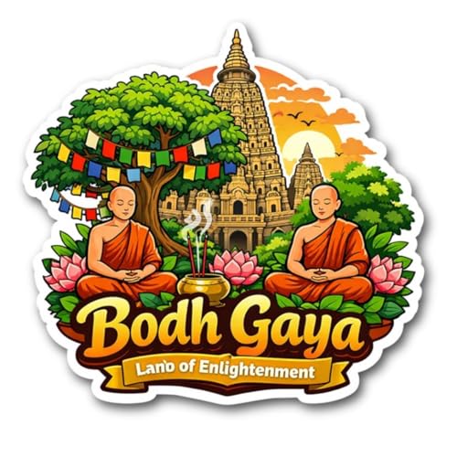 Image of Spiritual Bodh Gaya Fridge Magnet | Bodh Gaya Souvenir Refrigerator Magnet | Wooden Decorative Fridge Magnet for Home, Kitchen & Office | Travel Gift, Buddhist Gift | 3x3 Inch | Pack of 1