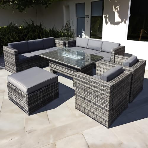 Image of Oseasons Malta Rattan 9 Seat Rising Firepit Set in Walnut Grey with Stool - Outdoor Patio Modular Sofa Set with Adjustable Height Gas Fire Table, Weather Resistant Rattan Furniture with Cushions