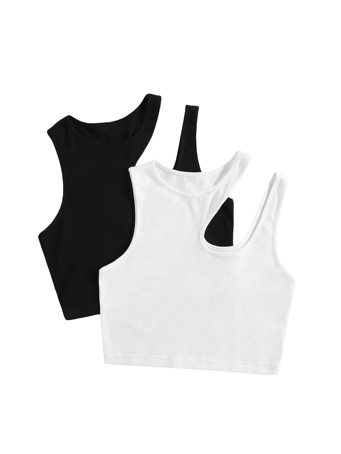 SheIn Women's 2pack Cut Out Solid Asymmetrical Neck Sleeveless Crop Tank Top