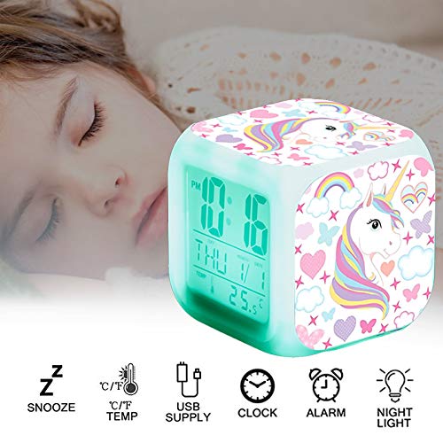 Sveglie digitali Unicorn per ragazze, LED Night Cube incandescente Orologio LCD con bambini leggeri Sveglia Comodino Regali di compleanno per bambini Donne Camera da letto per adulti (7) - Image 3