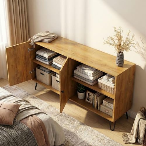 Image of FFO Wood Sideboard Cabinet | Wooden Living Room Storage Cabinet with Drawers, Side Cabinet for Bedroom, Modern Wood Finish, 2 Door Cupboard with Metal Legs Wooden - DIY