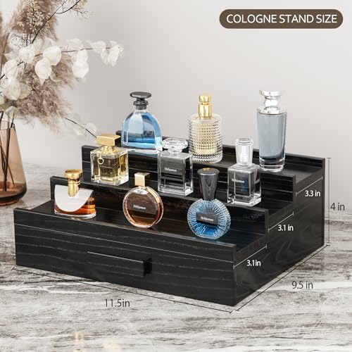 Image of Solid Walnut Cologne Organizer for Men, 3 Tier Cologne Stand Display Shelf | Wood Perfume Organizer, Cologne Holder with Drawer Storage and Hidden Compartment,Gift for Men Dad Husband Boyfriend, Black