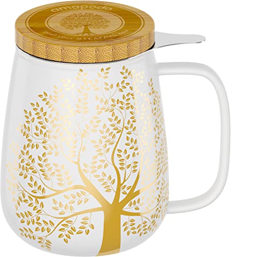 amapodo Taza de Té con Tapa y Colador - Taza de Té de Porcelana Grande 600ml - Taza Jumbo - Juego de Tazas XXL Blanco - sin plástico
