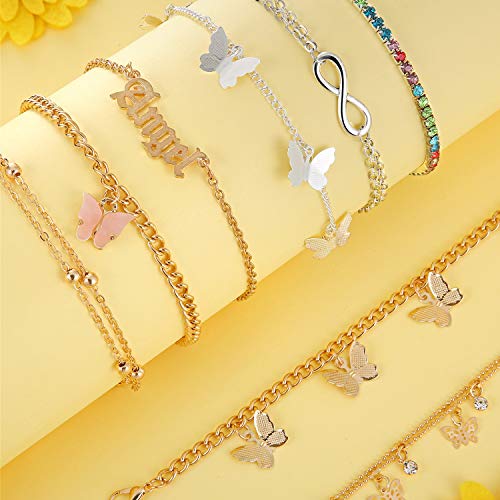 Hicarer 8 Pieces Anklets For Women Cute Charms Butterfly Ankle Bracelets Colorful Rhinestone Anklets Boho Beach Layered Chain Anklets For Girls Foot Jewelry #TOP5