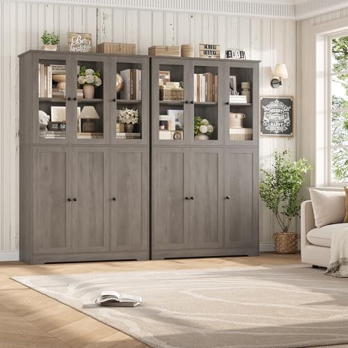 HOSTACK Grey Bookshelf and Bookcase, 69" Tall Book Shelf, Large Bookshelves with Storage Cabinet, 42" Wide Book Case with Glass Doors and Shelves, Modern Display Cabinet for Home Office, Ash Gray - Image 5