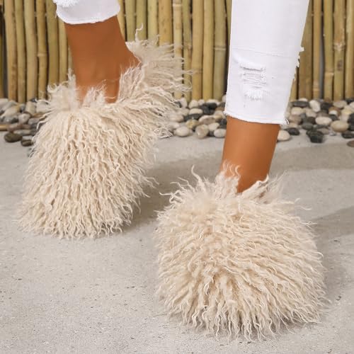 Image of Unisex Fuzzy Faux Fur Slippers, Women's Fluffy Long Hair Sheep Faux Fur Slip on Slides, Girls Luxury Big Fluffy Outdoor Flat Slippers, Long Curly Hair Non-Slip Warm Home Slide Shoes