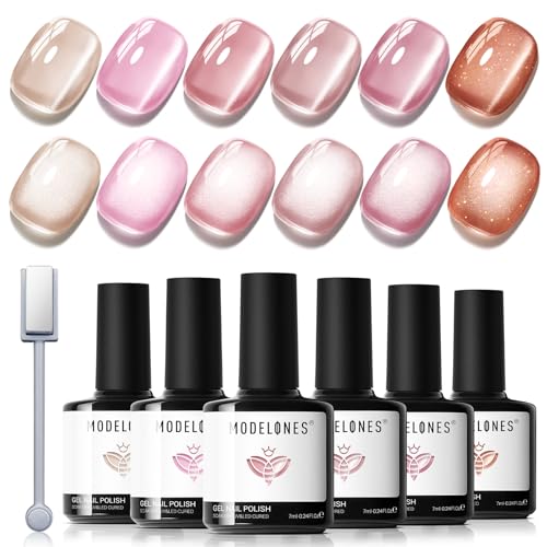 Image of modelones Cat Eye Gel Nail Polish, 6 Colors Nude Gel Polish Pink Glitter Brown with Magnet Sparkle Galaxy Series Nail Polish Kit Soak Off Led Nail Art Manicure Salon DIY Gifts