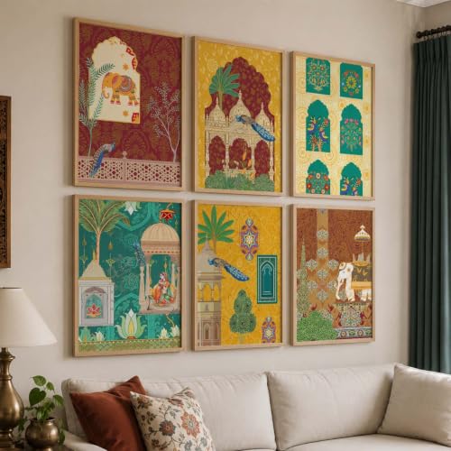 Image of KOTART Decorative Traditional Indian Wall Art Madhubani Paintings for Living Room | Framed Wall Painting for Home Room Bedroom Office Decor | Pichwai Art Painting for Decoration | Poster With frames | Paintings For Home Decoration | Indian Decor Frames | set of 6 (D)