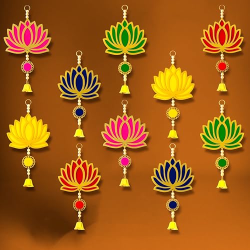 Image of Rajasthan Kraft Handmade Pack of 10 Colorful MDF Lotus Hanging with Pom Pom & Bell Traditional Wall Decor for Makar Sankranti, Lohri, Wedding Decoration Multicolor Lotus Decor 8 Inch (RK-H-199-10)