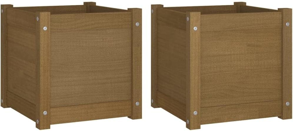 Honey Brown Solid Pinewood Planter Set of 2, 15.7x15.7x15.7 in Square Raised Garden Boxes with Drainage for Patio Balcony Outdoor Herb Flower Bed