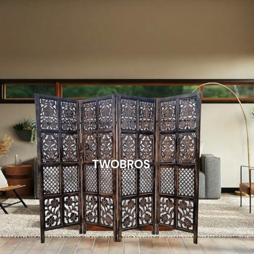 Image of Wooden Room Partition /Screen /Room Divider /Room Separator Burnt Wood Finish (Hand Buffing) Frame Traditional Handicrafts 6Ft Height (4 Panel 5 Feet)