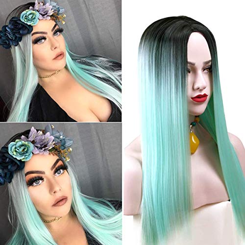Long Straight Synthetic Hair Cosplay Wig Middle Part Ombre Mint Green with Dark Black Roots Color Full Wigs Natural Looking Heat Resistant for Women Halloween Party(26Inch)