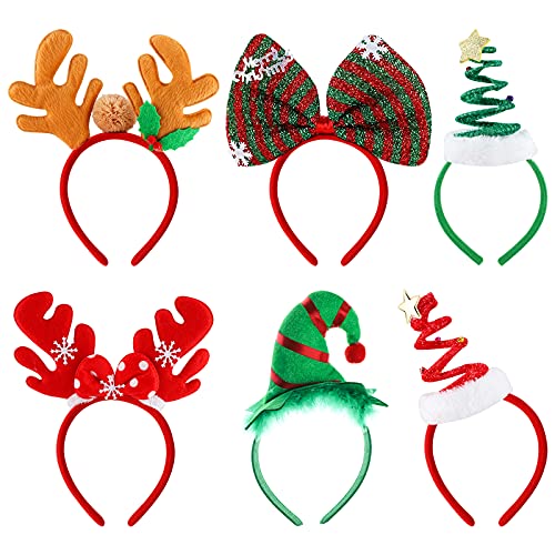 Diademas de Navidad, 6 piezas Diadema Navideña reno, árbol de navidad, sombrero, diademas con lazo aros de pelo navideños Diademas para fiestas de Navidad Regalos Decoraciones Apoyos de la foto