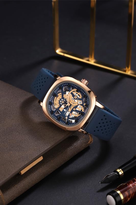 Image of London Fog Strand Collection Skeleton Style Quartz Watch for Men with Cushion Shaped Case, Date Display, Luminous Hands & Baton Hour Markers and Perforated Silicone Strap - LFM10026