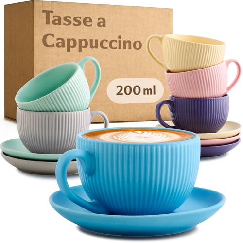 Cosumy Tasse à Cappuccino avec Soucoupe 200ml - 6 Tasse à Café avec Anse - Unique motif à...