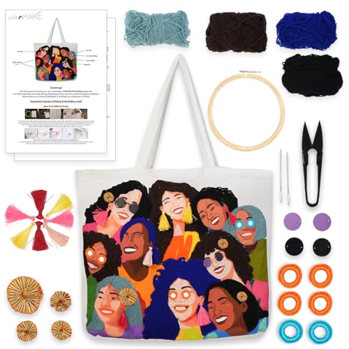 Image of picknMAKE Hand Embroidery Kit for Beginners, DIY Embroidery Tote Bag Kit for Women, College Girls & Office Use | Tote Bag Art & Craft Kit with All Materials | 16x16 Inch Zipped Canvas Bag