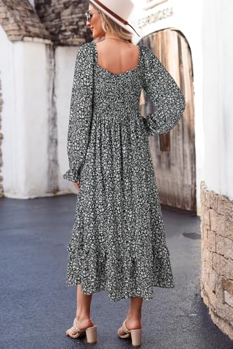 Image of Dokotoo Boho Dresses for Women 2025 Casual Floral Square Neck Long Sleeve Smocked Elastic Waist Tiered Ruffle Hem Maxi Dress