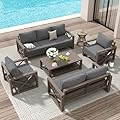 Amopatio Aluminum Patio Furniture Set, 8 Pieces Modern Metal Outdoor Furniture, Faux Wood Grain Finish Frame Patio Sofa Sets with 6" Cushion for Backyard, Dark Grey (Included Waterproof Covers)