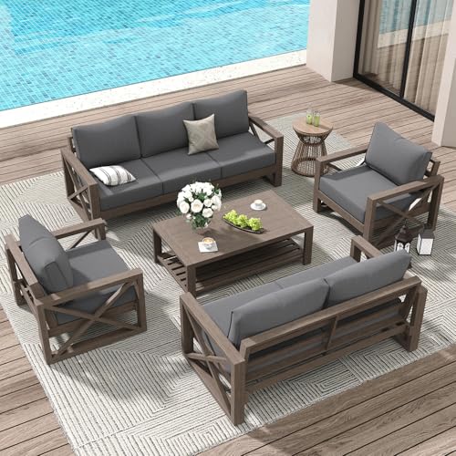 Amopatio Aluminum Patio Furniture Set, 8 Pieces Modern Metal Outdoor Furniture, Faux Wood Grain Finish Frame Patio Sofa Sets with 6' Cushion for Backyard, Dark Grey (Included Waterproof Covers)