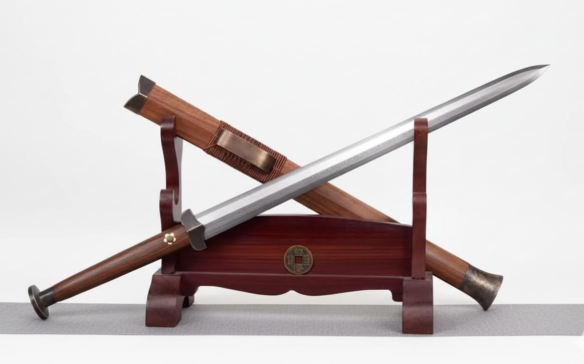 Hand-Forged Chinese Jian Sword, Folded Damascus Steel Blade, Full Tang, Rosewood Scabbard & Handle, Traditional Longquan Sword for Collection & Practice