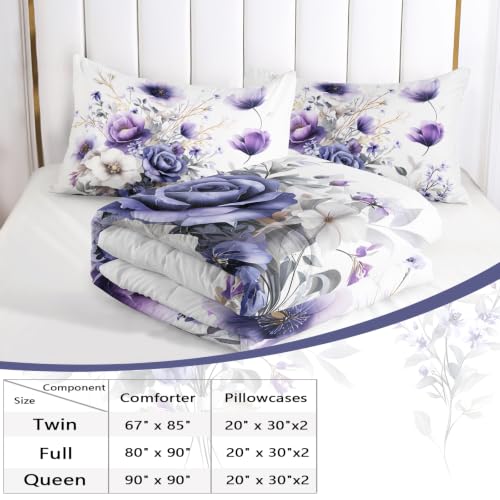 Image of AILONEN Lavender Bouquet Comforter Set Twin Size, Watercolor Bedding Ensemble, Purple Flower Bedspread Quilt with 2 Pillowcases for Dorm Bedroom