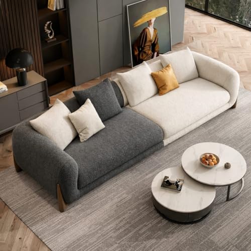Image of Modern Sofa, Teddy Fabric, Chesterfield Style, Wooden Legs, for Living Room, Bedroom, Hallways (Dark Grey+Off White Combo, 3 Seater)