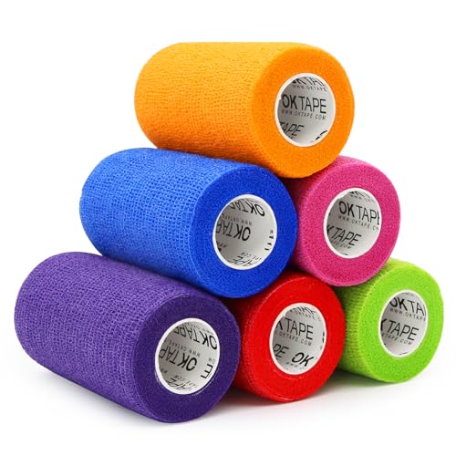 Image of OK TAPE Self Adherent Cohesive Bandages Wrap 6Packs 4 inch x 5 Yards | Non-Woven Elastic for Thumb Finger Wrist Ankle Self Adhesive Bandage Wrap Breathable Vet Wrap Bandages Tape (Mixed Colors)