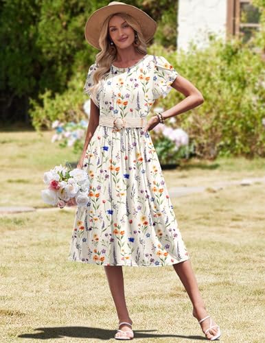Image of HOTOUCH Women's Summer A-Line Midi Dresses 2026 Casual Floral Short Sleeve T-Shirt Dress Flowy Beach Sundress with Pockets