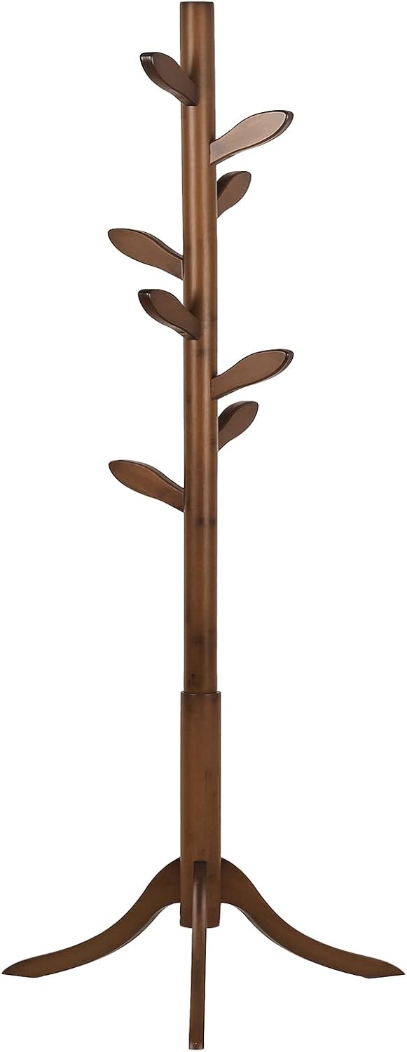 Wood Coat Rack Freestanding Coat Tree Rack with 8 Leaf Hooks, 3-Size Height Adjustable for Adults and Younger, Clothes Hanger Stand for Jacket, Hat, Entryway, Hallway, Corner, Bedroom (Vintage Brown)