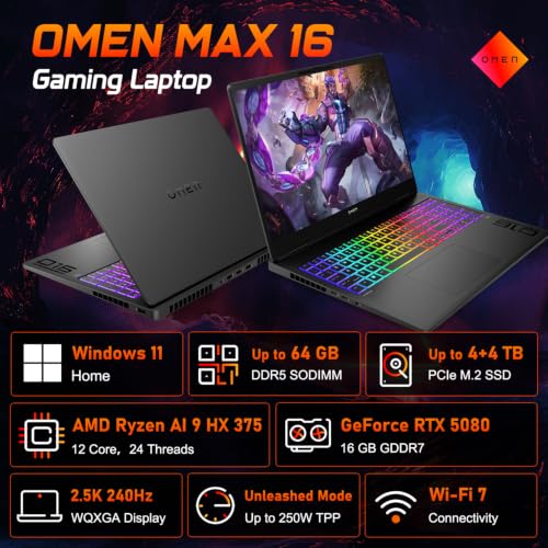 Image of HP Omen Max 16 inch 240Hz Ryzen AI 9 HX 375 & 5080 Gaming Laptop, 64GB + 2TB | WQXGA (2560 * 1600) IPS Display, Omen Tempest Cooling Pro, Per Key RGB, Numeric Keypad, RJ-45, HDMI, Wi-Fi 7, Win 11 Home