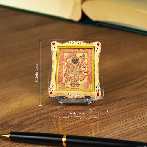 Image of Shrinath Ji Krishna Golden Foil Idol, Car Dashboard Idol Frame & Home Temple Religious Photo Frame | Hindu God Statue for Pooja, Office & Spiritual Gift Item