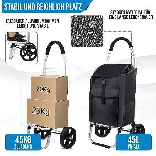 Strex Einkaufstrolley mit Rädern, Faltbar einkaufswagen mit 45 L Kapazität - Abnehmbare...