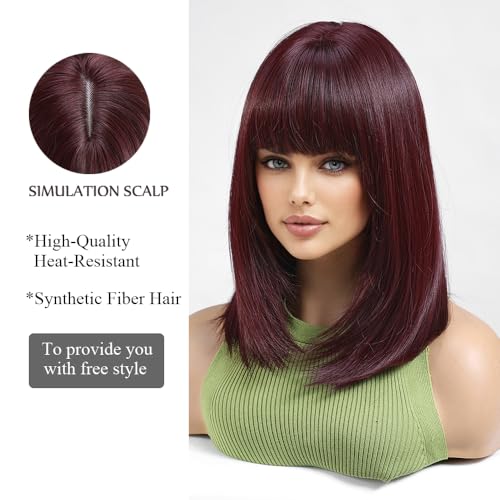 OUFEI Dark Wine Red Bob Wig With Bangs Short Straight Wig For Women Synthetic Hair Wigs for Daily Party Cosplay Wear - Image 3