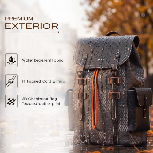 Image of RARE RABBIT AUTUN Structured Vegan Leather Backpack, 3D Checkered Flag Print, 13.35L (Black)