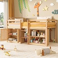 TOLEAD Low Loft Bed Twin Size with LED Lights, Twin Bed Frames for Kids, Kids Loft Bed with 14\" H Safety Guardrail, Wood Twin Loft Bed with Storage Cabinet and Under-Bed Play Space (Natural)