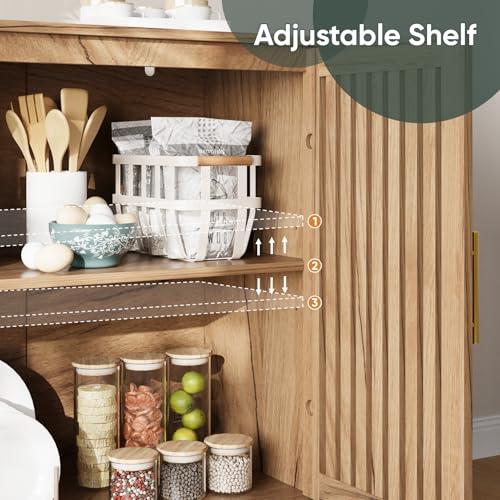 Image of Smart FENDEE Sideboard Cabinet, 31.5 inch W Farmhouse Buffet Cabinet with Slatted Doors & Adjustable Shelf, Wooden Coffee Bar Storage Station for Kitchen, Dining Room, Living Room, Entryway, Natural
