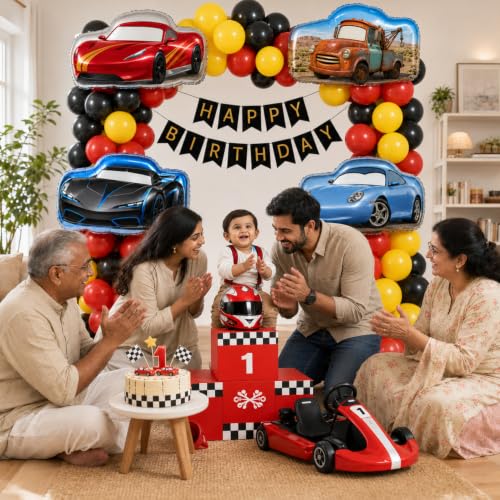Image of Rozi Decoration Car Theme Birthday Decoration Kit with Happy Birthday Paper Banner, Racing Car Printed Foil Balloons & Latex Balloons - Pack of 68 Pcs Car Birthday Decoration Items