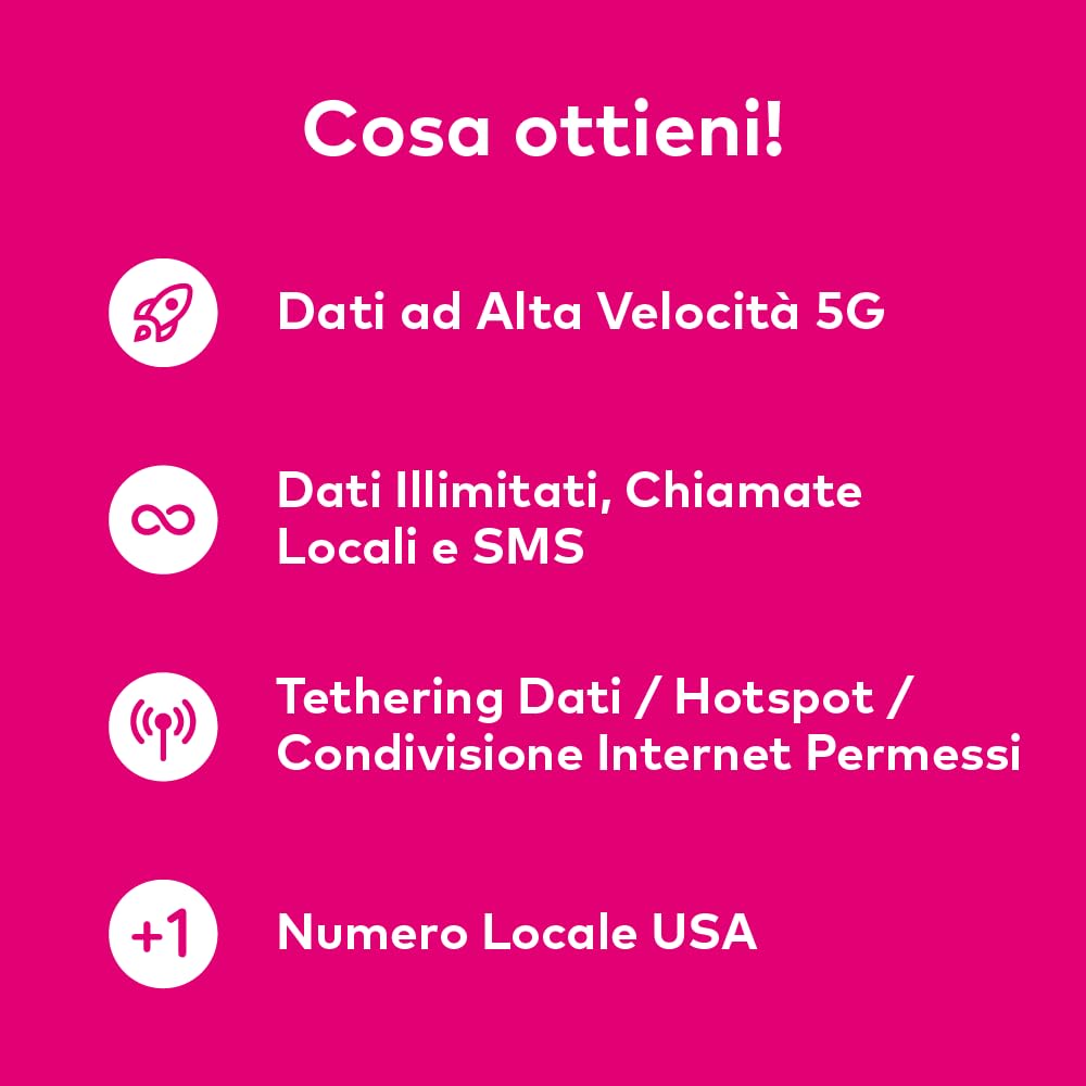 Scheda SIM USA valida per 87 giorni. Rete T-Mobile con dati illimitati ad alta velocità su 5G/4G/LTE | Chiamate e SMS locali illimitati negli Stati Uniti (inclusa Hawaii). Scheda SIM 5G!