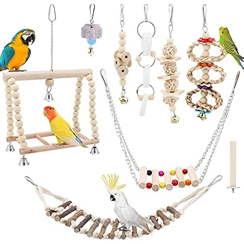 Seahelms 8Pcs Parrot Toys Birds Budgie Cage Toys Cockatiel Bird Chewing Natural Wood Hammock Hanging Bell Bird Cage Swing Toys for Cockatiel, Finches,Small Parakeets, Budgie and Macaws (log) Cover