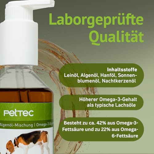 PetTec® Algenöl Hund & Katze [Omega-3 ALGENÖL VEGAN] - Omega 3 für Katzen und Hunde - Fellpflege Katze Vitamine - Mittel gegen Schuppen bei Katzen - Katzenpflege und Hundepflege (300ml Pumpflasche)