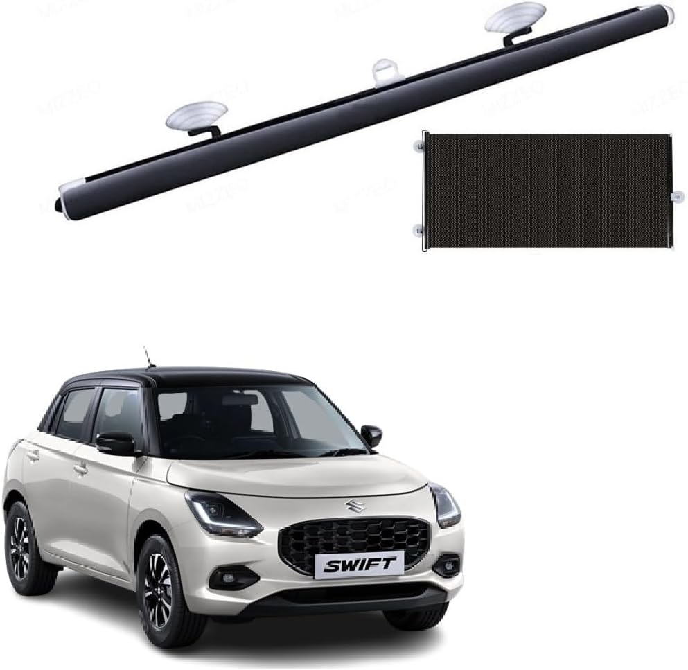 Car Front/Rear Glass Windshield Folding Roller Sunshade Self Retractable Design, Locks Sun Heat and UV Rays Protection Black Film Suitable for Maruti Suzuki Swift 2024