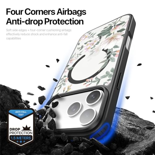 Image of VONZEE Back Cover Case Compatible with iPhone 17 Pro Case Luxury Retro Flowers Floral Clear for Magnetic Wireless Charging Case Shockproof PC+TPU Cute Glossy Shiny Cover for Girls Women, 6.3'' Black