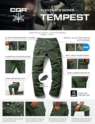 Image of CQR Men's Flex Stretch Tactical Pants, Water Resistant Ripstop Cargo Pants, Lightweight EDC Outdoor Work Hiking Pants