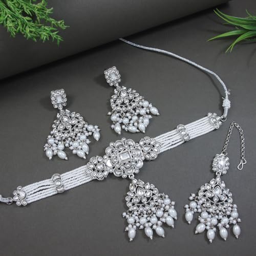Image of I Jewels Traditional Kundan & Pearl Necklace Jewellery With Earrings & Maang Tikka Set For Women