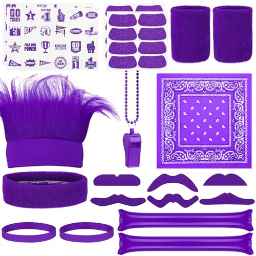 Bonuci 72 Pcs Purple Spirit Wear Boys Camp Color War Accessories Team Spirit Day Accessories Spirits Bundles Colored Stuff Field Supplies Camp Game Color Items Crazy Hair Wig for Sport
