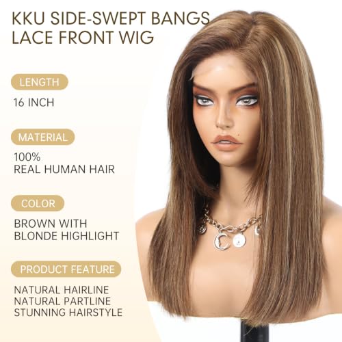 Image of KKU 100% Human Hair Wigs for Women,Real Human Hair Wigs,Side Swept Bangs Lace Front Wig(Brown With Blonde Highlight)