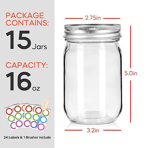 Glass Mason Jars 16 oz with Airtight Lids and Bands - 15 Pack Regular Mouth Pint Canning Jars for Pickling, Meal Prep, Overnight Oats, Dry Food & DIY Crafts - Includes 24 Stickers & Brush