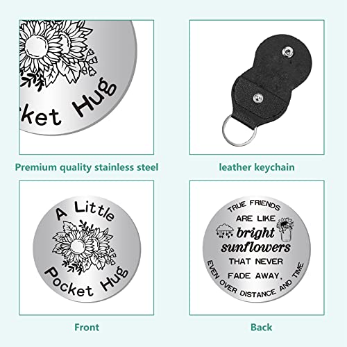 CREATCABIN Sunflower Pocket Hug Token True Friends Keepsake Stainless Steel Double Sided Think of You Gifts with PU Leather Keychain for Friends Birthdays Friendship Long Distance Gifts 1.2 x 1.2 Inch - Image 3