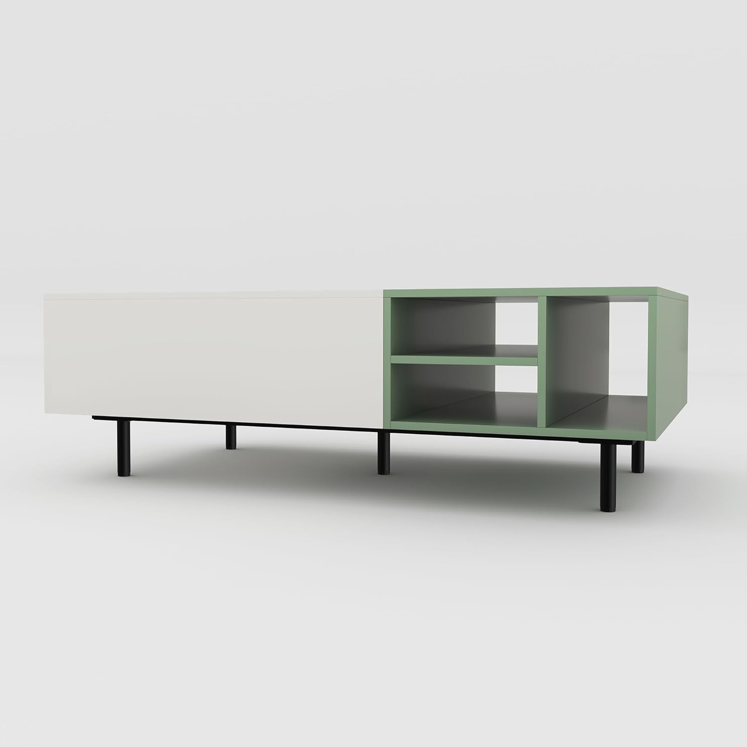 Modern Rectangular Coffee Table with Storage Drawers and Open Shelves, Two-Tone White & Green Living Room Table, Sliding Drawer Center Table for Living Room, 51.18” x 27.55” x 16.53”