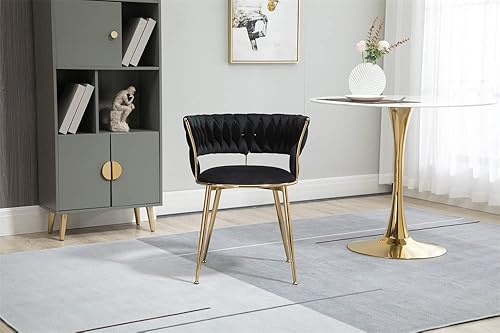 Juego de 2 sillas de comedor de terciopelo, moderna silla tapizada con respaldo hueco curvado y patas de metal dorado, elegante silla de tocador de